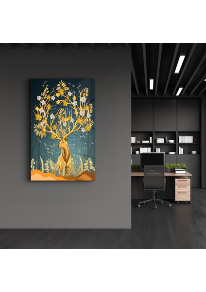 Abstract Deer & Flowers Dekorasyon Cam Duvar Tablosu