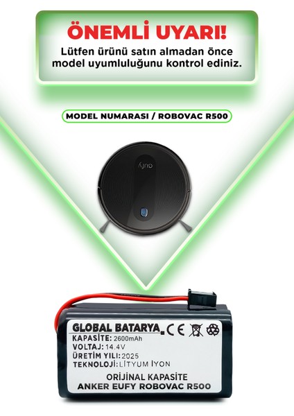 Anker Eufy Robovac R500 Uyumlu Akıllı Robot Süpürge Bataryası 14.4V 2600MAH Li-Ion Pil ( Kapasite)