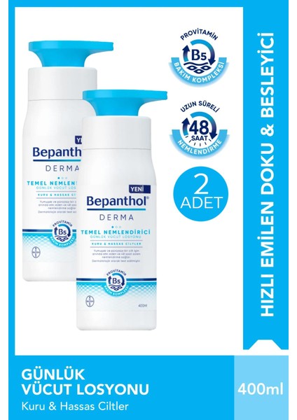 Derma Temel Nemlendirici Günlük Vücut Losyonu 400 ml Kuru Hassas Ciltler 2 Adet