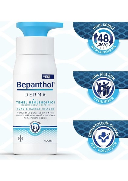 Derma Temel Nemlendirici Günlük Vücut Losyonu 400 ml Kuru Hassas Ciltler 2 Adet indirimleri
