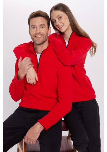 Unisex Standart Fit Anti-pilling Tüylenme Yapmayan Soğuk Geçirmez Kırmızı Dik Bato Yaka Polar Sweatshirt modelleri