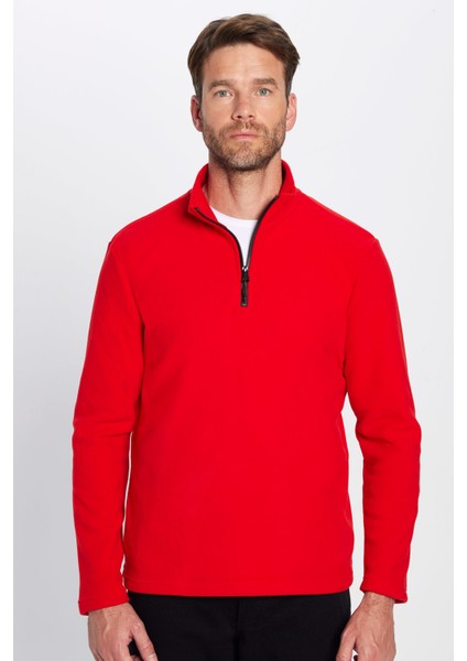 Unisex Standart Fit Anti-pilling Tüylenme Yapmayan Soğuk Geçirmez Kırmızı Dik Bato Yaka Polar Sweatshirt
