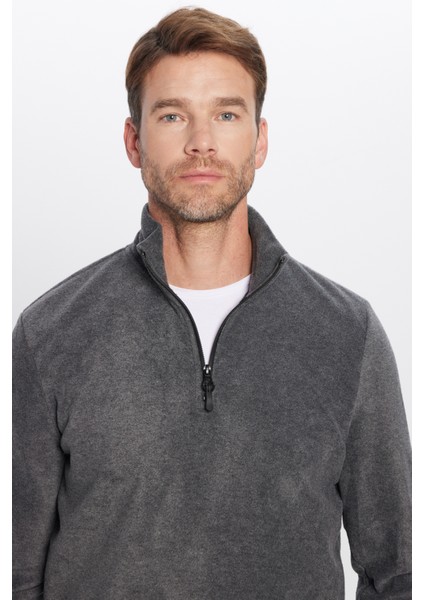 Erkek Standart Fit Rahat Kesim Tüylenme Yapmayan Soğuk Geçirmez Antrasit Dik Yaka Polar Sweatshirt