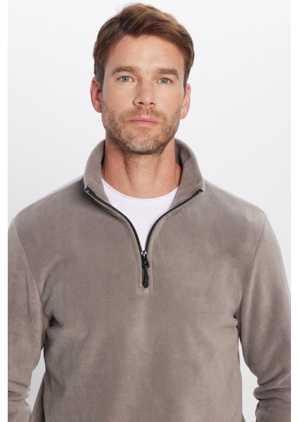 Erkek Standart Fit Rahat Kesim Tüylenme Yapmayan Soğuk Geçirmez Gri Dik Yaka Polar Sweatshirt