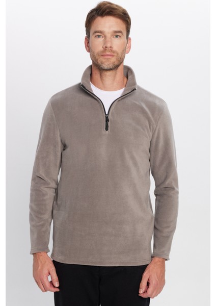 Erkek Standart Fit Rahat Kesim Tüylenme Yapmayan Soğuk Geçirmez Gri Dik Yaka Polar Sweatshirt
