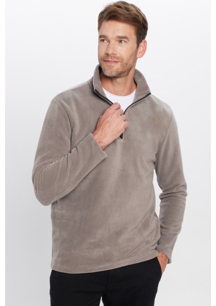 Erkek Standart Fit Rahat Kesim Tüylenme Yapmayan Soğuk Geçirmez Gri Dik Yaka Polar Sweatshirt