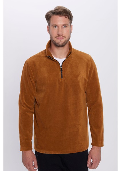 Erkek Standart Fit Rahat Kesim Tüylenme Yapmayan Soğuk Geçirmez Kiremit Renk Polar Sweatshirt fiyatları