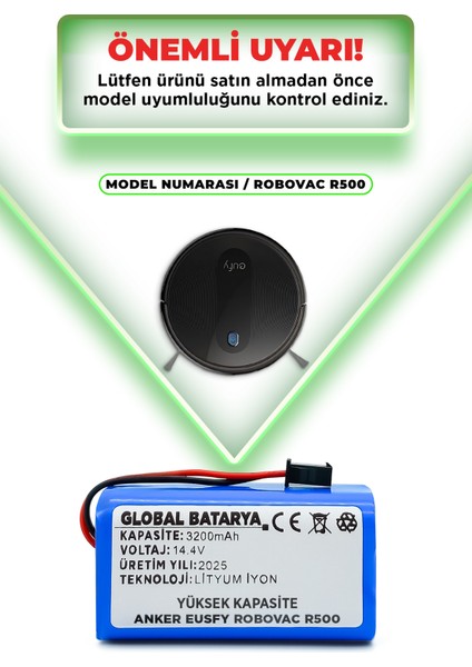 Anker Eufy Robovac R500 Uyumlu Akıllı Robot Süpürge Bataryası 14.4V 3200mAh Li-Ion Pil (Yüksek Kapasite)