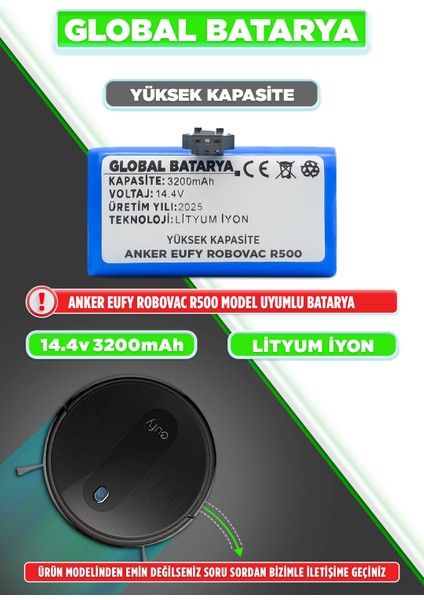 Anker Eufy Robovac R500 Uyumlu Akıllı Robot Süpürge Bataryası 14.4V 3200mAh Li-Ion Pil (Yüksek Kapasite)