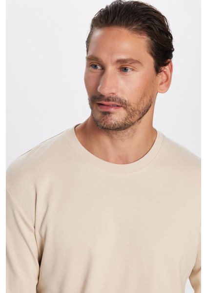 Unisex Relax Fit Rahat Kesim %100 Pamuk Bisiklet Yaka Bej Sweatshirt