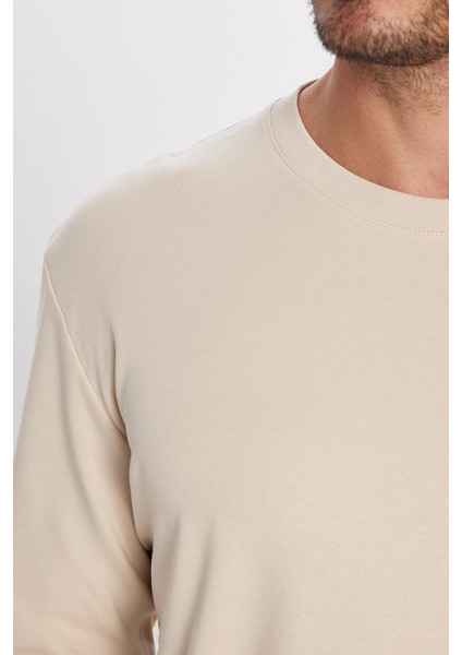 Unisex Relax Fit Rahat Kesim %100 Pamuk Bisiklet Yaka Bej Sweatshirt
