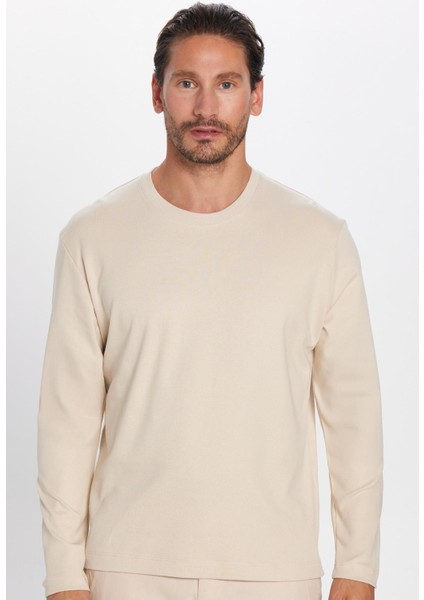 Unisex Relax Fit Rahat Kesim %100 Pamuk Bisiklet Yaka Bej Sweatshirt