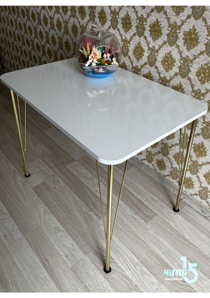 Gold Metal Ayaklı 60 x 90 cm Beyaz Masa (Tek Masa) Beyaz Mutfak Masası Balkon Masası Çalışma Masası