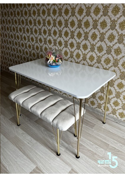 Gold Metal Ayaklı 70 x 110 Parlak Beyaz Mutfak Masası -Balkon-Çalışma Masası