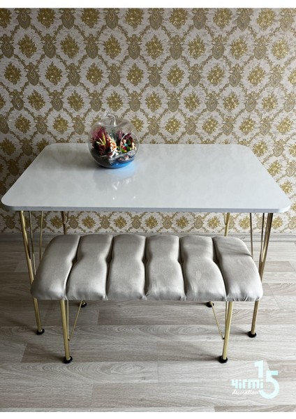 Gold Metal Ayaklı 70 x 110 Parlak Beyaz Mutfak Masası -Balkon-Çalışma Masası