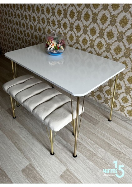 Gold Metal Ayaklı 70 x 110 Parlak Beyaz Mutfak Masası -Balkon-Çalışma Masası
