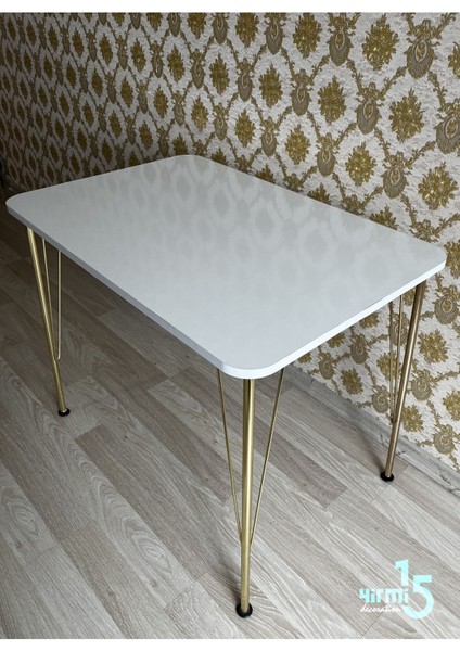 Gold Metal Ayaklı 70 x 110 Parlak Beyaz Mutfak Masası -Balkon-Çalışma Masası