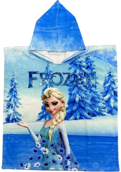 Kız Çocuk Frozen Baskılı Panço Plaj Havlusu Standart Boy
