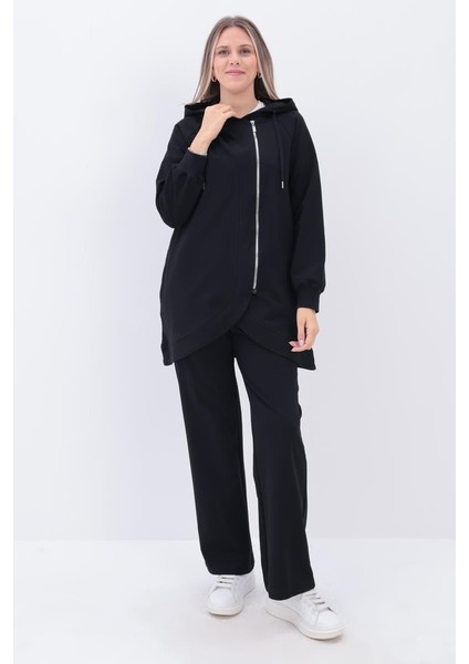 Siyah-Yandan Fermuarlı Cepli Eşofman Takımı