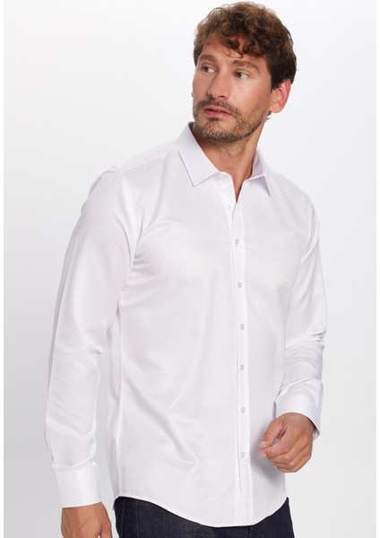 Erkek Modern Fit Dar Kesim Pamuklu Kolay Ütü Armürlü beyaz gömlek