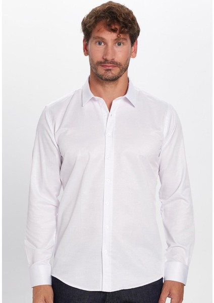 Erkek Modern Fit Dar Kesim Pamuklu Kolay Ütü Armürlü beyaz gömlek modelleri