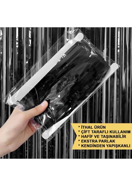 Nessiworld Siyah Renk Ekstra Metalize Parlak Saçaklı Arka Fon Perde 1 x 2 Metre