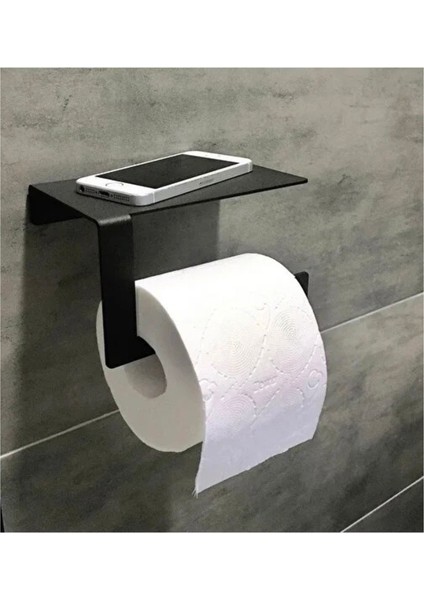 Yapışkanlı Metal Mat Siyah Telefon Raflı Tuvalet Kağıtlık