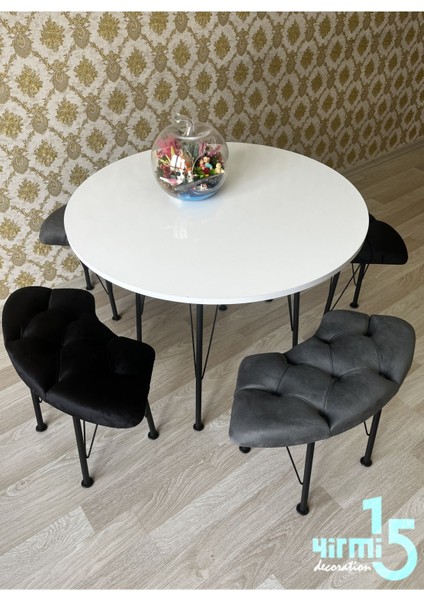 Beyaz Yuvarlak Masalı Bench Takımı Bench & Puf Takımı Beyaz Masa Füme-Siyah Bench