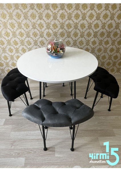 Beyaz Yuvarlak Masalı Bench Takımı Bench & Puf Takımı Beyaz Masa Füme-Siyah Bench modelleri