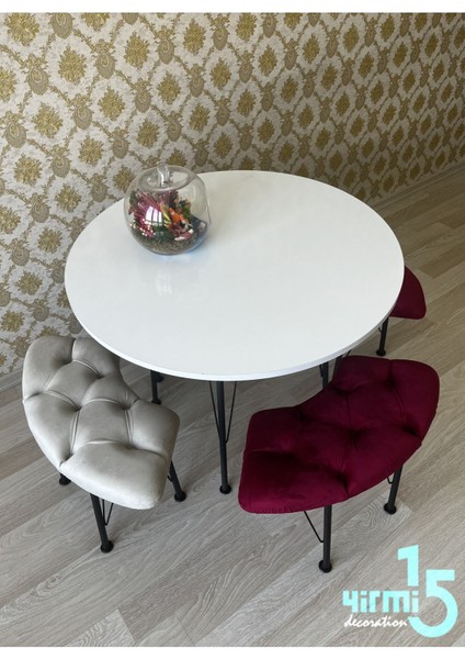 Beyaz Yuvarlak Masalı Bench Takımı Bench & Puf Takımı Beyaz Masa Krem-Bordo Bench