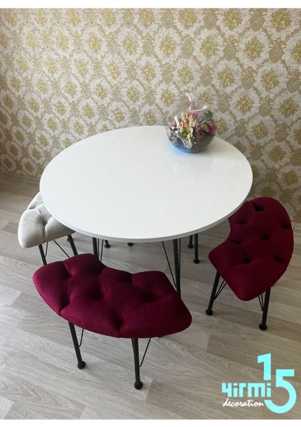 Beyaz Yuvarlak Masalı Bench Takımı Bench & Puf Takımı Beyaz Masa Krem-Bordo Bench fırsatları