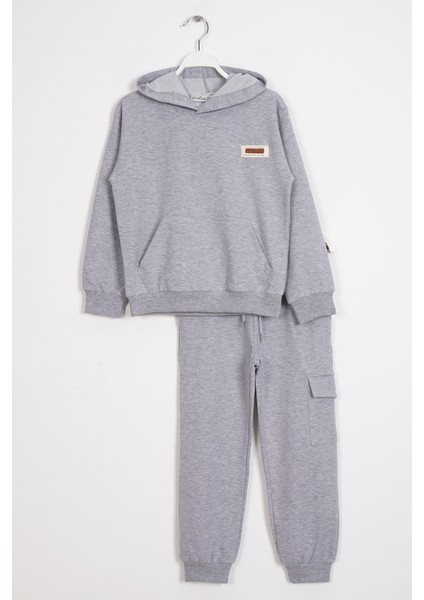 Kapüşonlu Kargo Cepli Gri Melanj Renk Erkek Çocuk Eşofman Takım