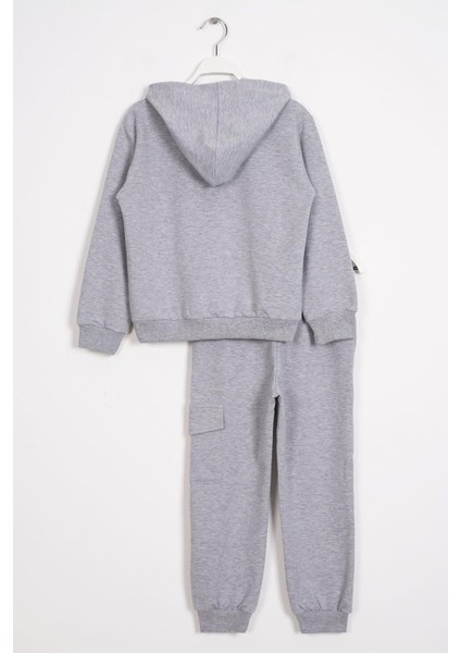 Kapüşonlu Kargo Cepli Gri Melanj Renk Erkek Çocuk Eşofman Takım modelleri