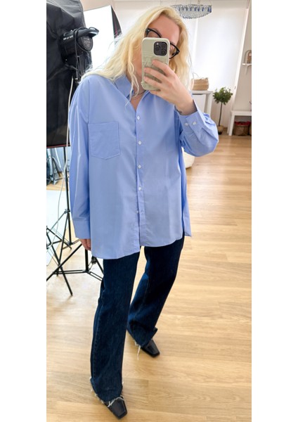 Mavi Oversize Kalıp Poplin Gömlek