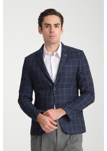 Vasco Koyu Lacivert Erkek Ekose Kareli Esnemeyen Kumaş Slim Fit Blazer Ceket