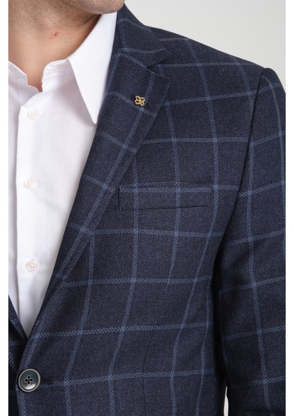 Vasco Koyu Lacivert Erkek Ekose Kareli Esnemeyen Kumaş Slim Fit Blazer Ceket fiyatları