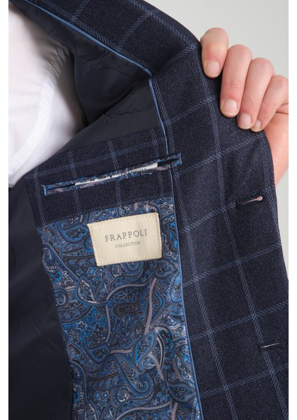 Vasco Koyu Lacivert Erkek Ekose Kareli Esnemeyen Kumaş Slim Fit Blazer Ceket modelleri