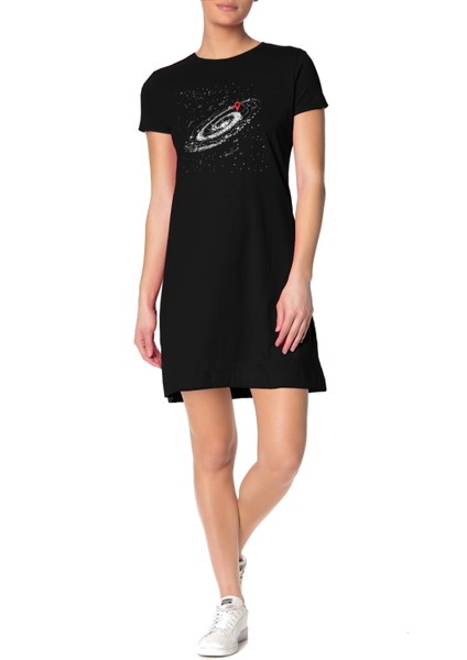 Ben Nerdeyim Siyah Kısa Kollu Penye T-Shirt Elbise