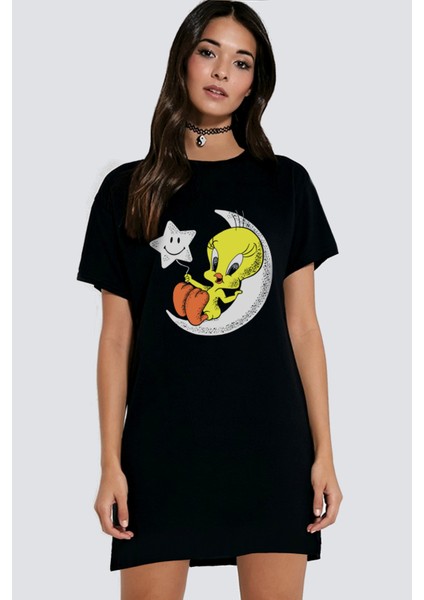 Ay Yıldız Siyah Kısa Kollu Penye T-Shirt Elbise