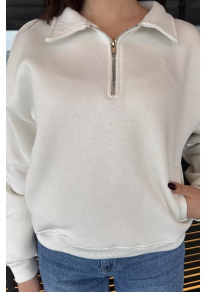 Dik Yaka Yarım Fermuarlı Şardonlu Kadın Sweatshirt