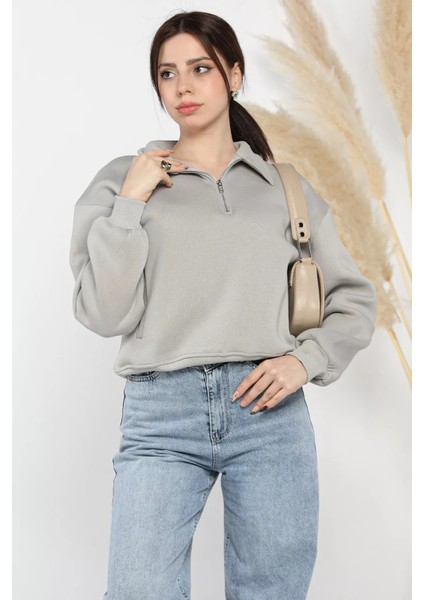 Dik Yaka Yarım Fermuarlı Şardonlu Kadın Sweatshirt fiyatları