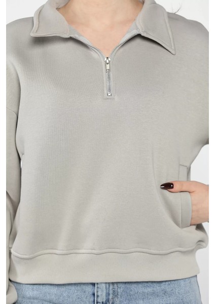 Dik Yaka Yarım Fermuarlı Şardonlu Kadın Sweatshirt fırsatları