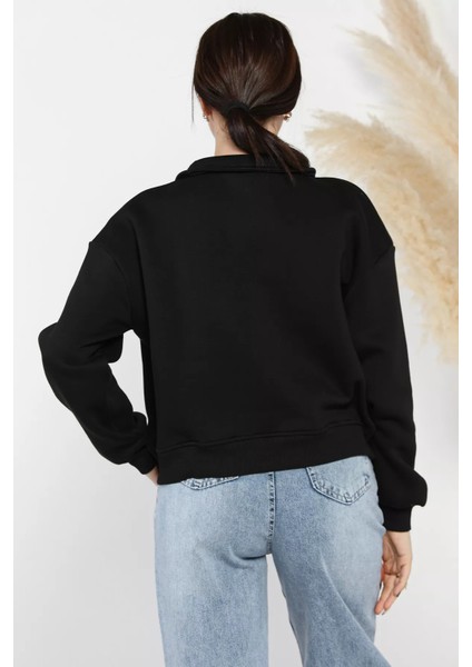 Dik Yaka Yarım Fermuarlı Şardonlu Kadın Sweatshirt modelleri