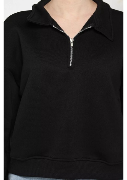 Dik Yaka Yarım Fermuarlı Şardonlu Kadın Sweatshirt fırsatları