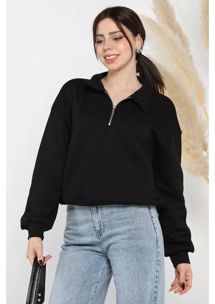 Dik Yaka Yarım Fermuarlı Şardonlu Kadın Sweatshirt