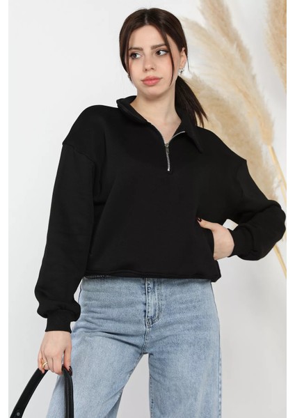Dik Yaka Yarım Fermuarlı Şardonlu Kadın Sweatshirt fiyatları