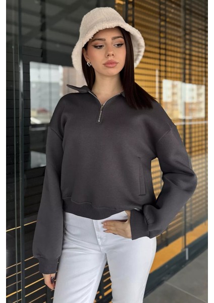 Dik Yaka Yarım Fermuarlı Şardonlu Kadın Sweatshirt fiyatları