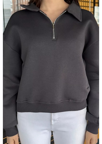 Dik Yaka Yarım Fermuarlı Şardonlu Kadın Sweatshirt modelleri