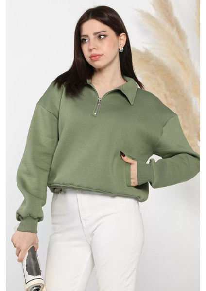 Dik Yaka Yarım Fermuarlı Şardonlu Kadın Sweatshirt