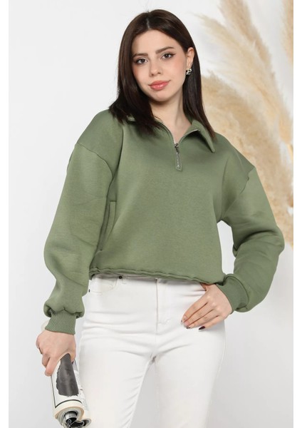 Dik Yaka Yarım Fermuarlı Şardonlu Kadın Sweatshirt fiyatları